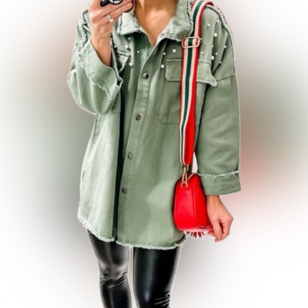NWOT - La La Factory | army green | raw edges | accent faux pearls | Size Small - Picture 2 of 7